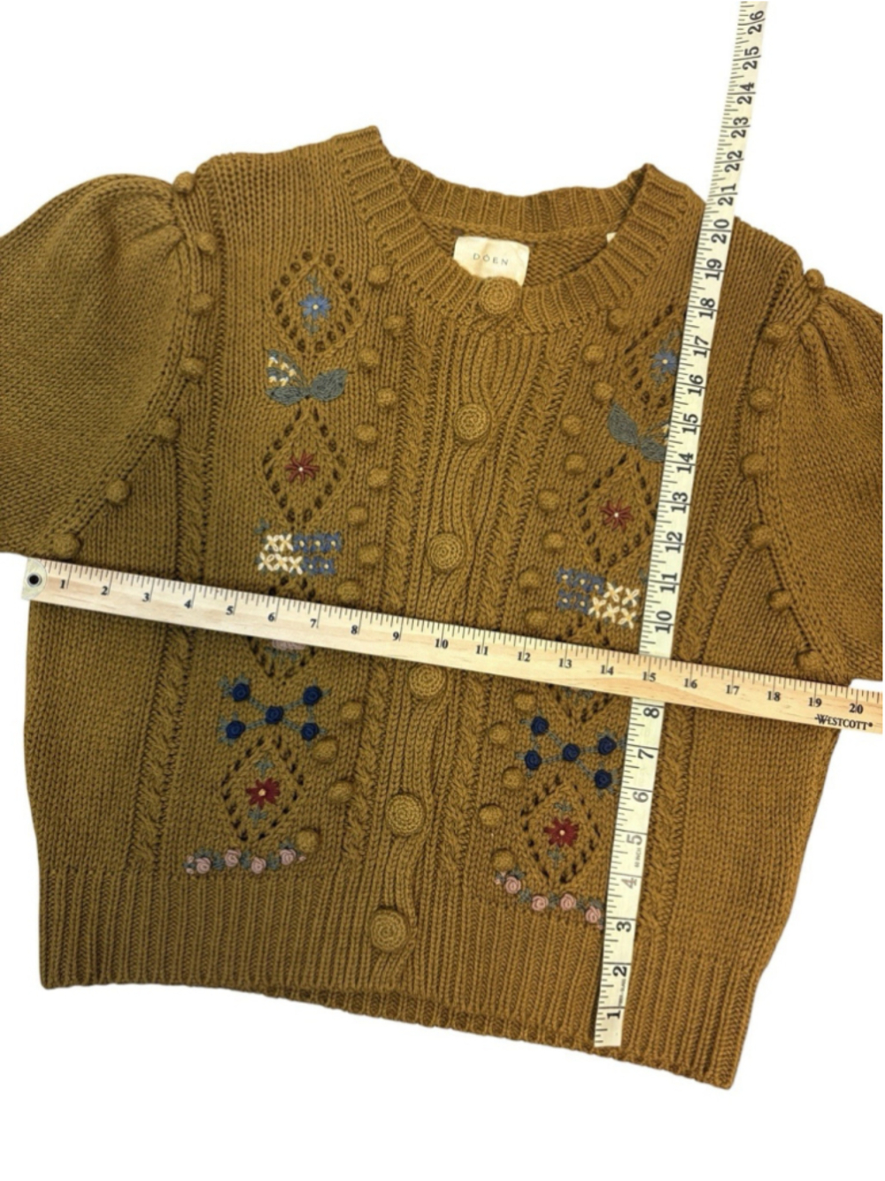 RARE DÔEN Forget Me Not Embroidered Floral Bobble Knit Cardigan Sweater Tan XL - Picture 10 of 14